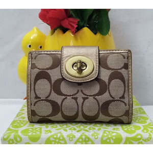 Coach Signature Brown Canvas Leather Trim Turnlock Credit Card Bifold Wallet